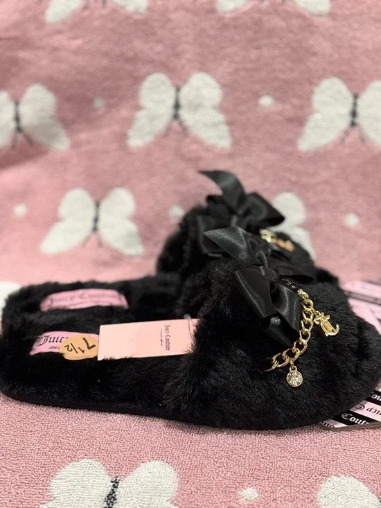 Juicy Couture Black Faux Fur Slide Slippers with Satin Bow & Gold Chain - Picture 5 of 6